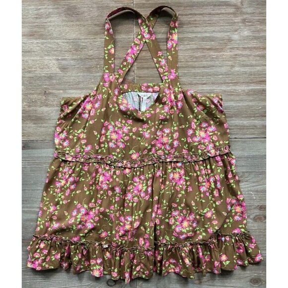 Matilda Jane Sz M Brown Pink Floral Print Ruffle Criss Cross Back Tank Top Women - Picture 2 of 16